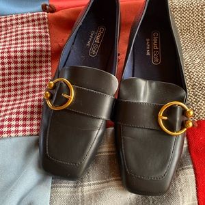 Faux leather black loafers with brass buckle